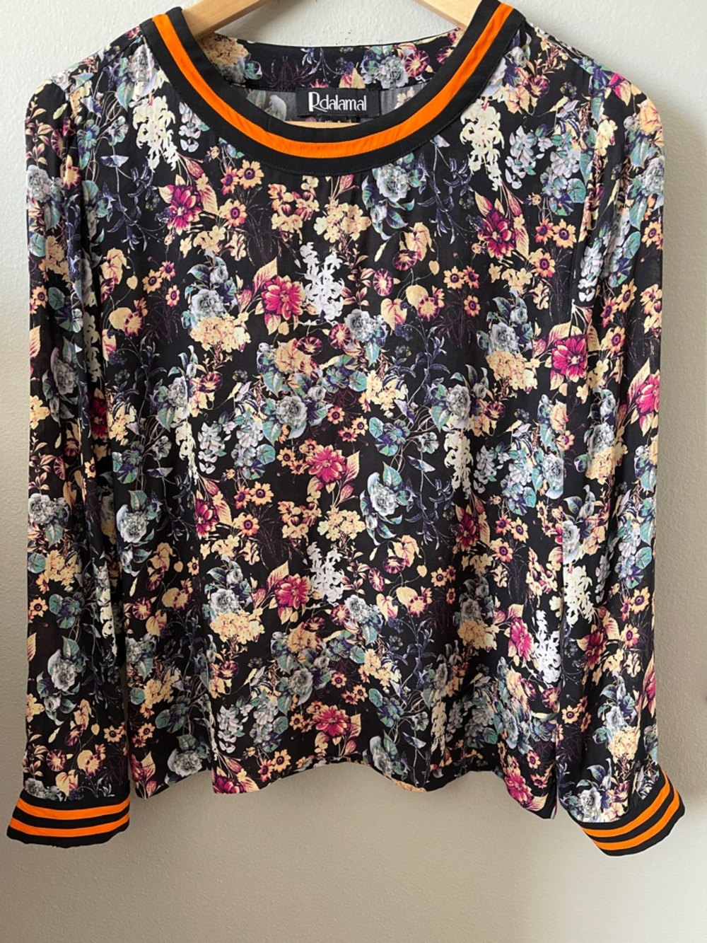 Rdalamal for Anthropologie long-sleeve blouse black floral pattern sz4